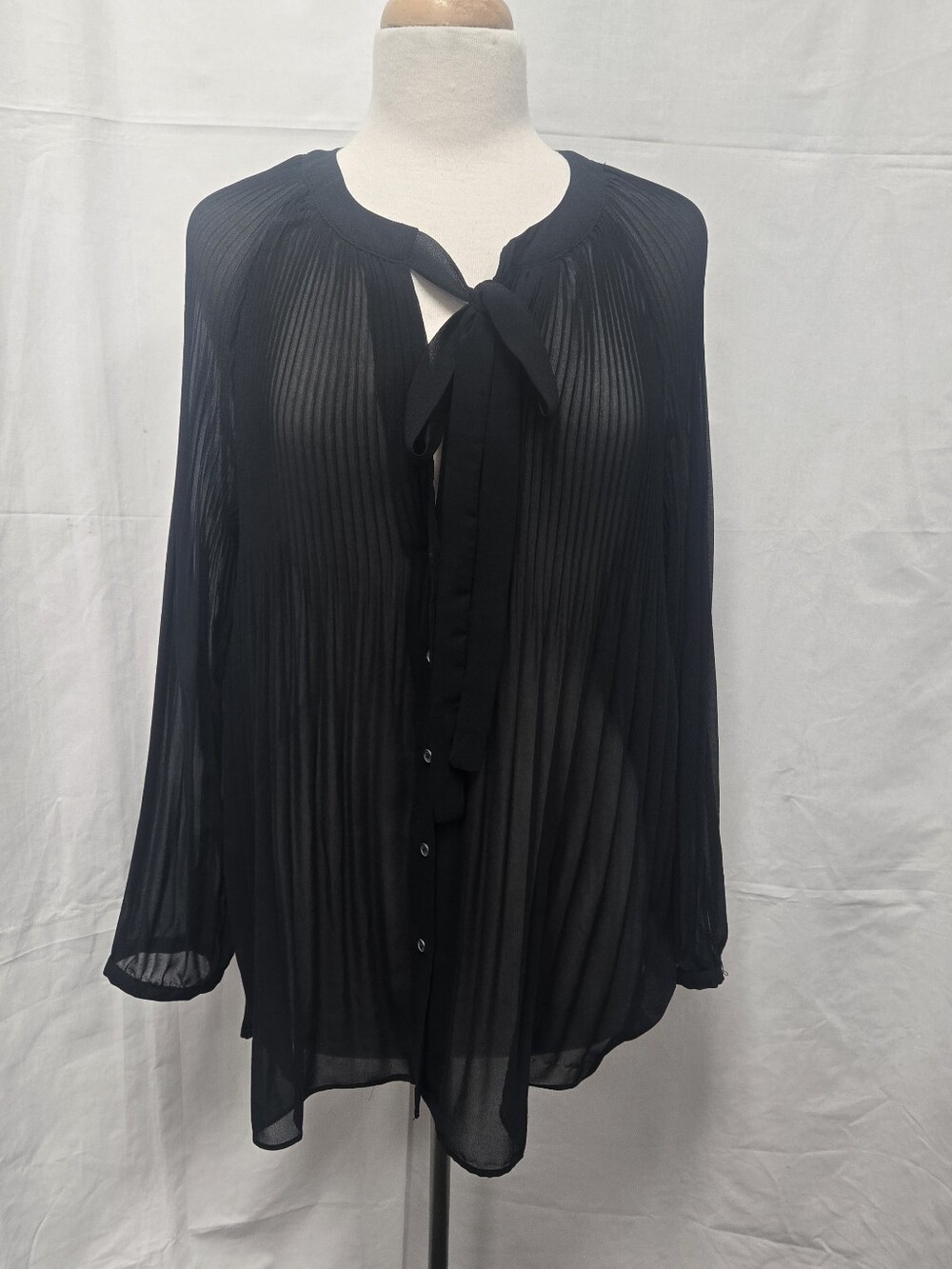 Lane Bryant Black Sheer Pleated Tie-Front Blouse